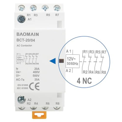 BAOMAIN 12V AC 4-Pole 20A Modular Contactor, 4NC, DIN Rail Mount