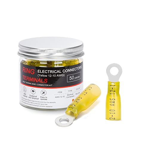 HKS 50 PCS Ring Terminals #10 Yellow 12-10 AWG - M5 - Electrical Connectors - Heat Shrink Wire Connector Kit - Tinned Red Copper - Automotive Marine Ring Connectors - Waterproof and Insulated - color: Yellow, size: #10 (M5)
