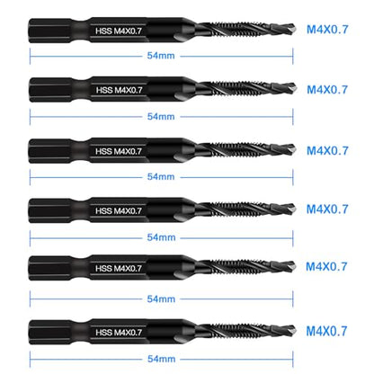 DKIBBITH 6 Packs M4 Combination Drill & Taps Bit Set, Screw Threading Tapping Tools in Size M4*0.7 with Anti-Rust Black Coating, 1/4" Hex Shank and Storage Case - size: M4x0.7