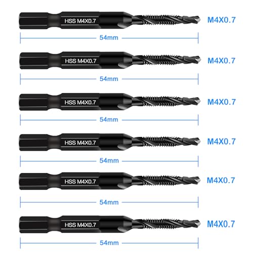DKIBBITH 6 Packs M4 Combination Drill & Taps Bit Set, Screw Threading Tapping Tools in Size M4*0.7 with Anti-Rust Black Coating, 1/4" Hex Shank and Storage Case - size: M4x0.7