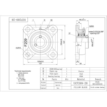 PGN UCF209-28 (4 Pack) Square Flange Bearing 1-3/4" Bore - size: 4, style: UCF209-28