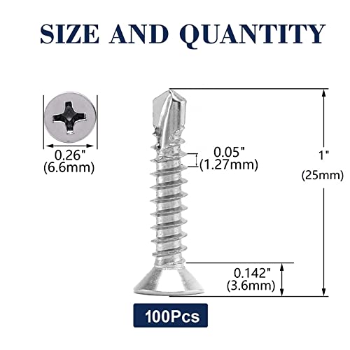 #6 x 1 Sheet Metal Screws 100Pcs 410 Stainless Steel Flat Head Fast Self Tapping Screws by SG TZH - size: #6 x 1"
