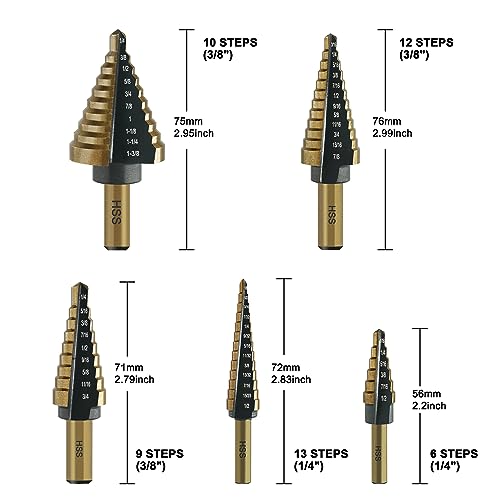 GMTOOLS Step Drill Bit Set - Black and Gold, 6 Pcs High Speed Steel Unibit Drill Bits, Stepped Up Bits & Automatic Center Punch, DIY Lovers with Aluminum Case, Total 50 Sizes for Metal - style: Black and Gold