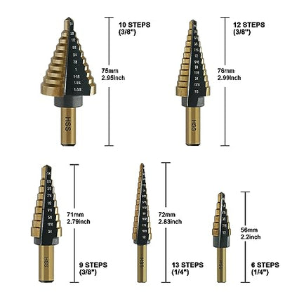 GMTOOLS Step Drill Bit Set - Black and Gold, 6 Pcs High Speed Steel Unibit Drill Bits, Stepped Up Bits & Automatic Center Punch, DIY Lovers with Aluminum Case, Total 50 Sizes for Metal - style: Black and Gold