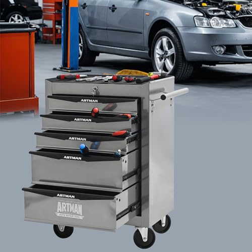 5-Drawers Steel Rolling Tool Cart with Wheels & Handle, Heavy-Duty Tool Chest Storage Cabinet for Garage and Workshop, Silver - color: Silver, size: 5-Drawer