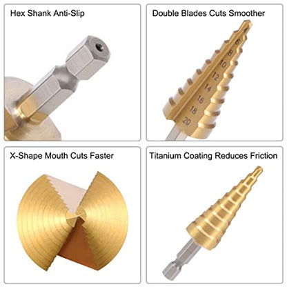 uxcell Step Drill Bit HSS 4mm to 20mm 9 Sizes Straight Flutes Hex Shank