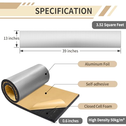 TroyStudio Sound Proof Closed Cell Foam, Self-Adhesive 13" x 39" Heat Shield Acoustic Rubber Foam Sheet - Waterproof Noise Vibration Thermal Insulation Roll for Home, Car, HVAC, Pipe, Machine - color: Black, Rubber Foam, size: 13" x 39" x 0.6"