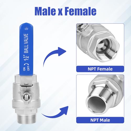 YADIAN 2 Pack Full Port NPT Ball Valve 1-1/4inch - Male x Female 304 Stainless Steel Heavy Duty Shut Off Valve with Blue Vinyl Insulation Handle and Locking Device for Water, Oil, and Gas, 1000WOG - size: 1-1/4''