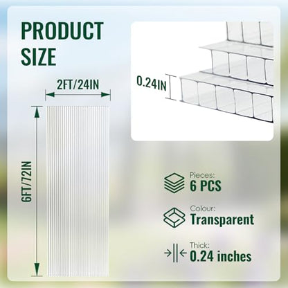 EVERECO 6 Pcs Greenhouse Panel, 6'FT x 2'FT x 0.24" in Polycarbonate Sheet - size: 6'FT x 2'FT x 0.24"IN