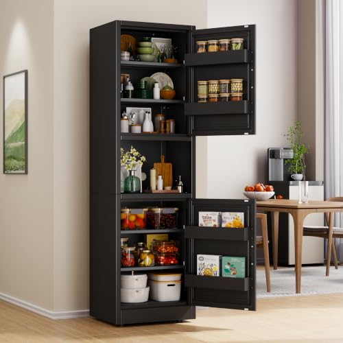 67" Freestanding Metal Pantry Cabinet, Tall Kitchen Food Storage Cupboard - color: Black, size: 15.75"D x 19.68"W x 67"H