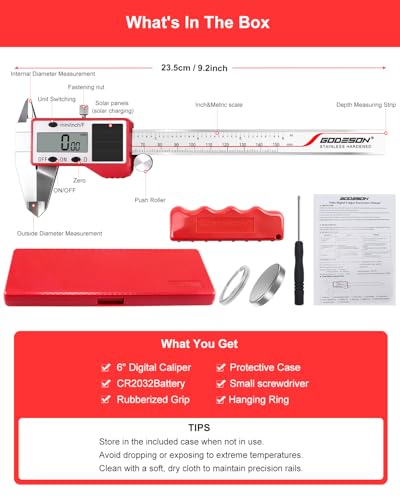 GODESON Solar Powered Digital Caliper, 6“ Digital Calipers with 0.001" Accuracy Stainless Steel, 3 Units Inch/mm/Fraction, 5 Modes Including Differential, for DIY Woodworking Metalworking 3D Printing