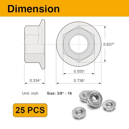 25PCS 3/8"-16 Serrated Flange Nuts, 304 Stainless Steel Hex Nuts - size: 3/8 25PCS