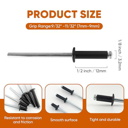 ALLCLEAN 200 Pcs 1/8" x 1/2" Black Aluminum Blind Rivets,3.2 x 12mm Pop Rivets,Aluminum Grip and Steel Mandrel - color: Black, size: 1/8"x1/2"