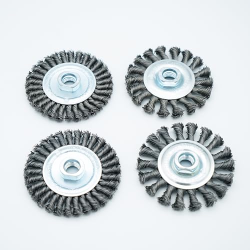 4 Inch Twist Knotted Wire Wheel Brush Set for Angle Grinder, 0.02in Carbon Steel Wire, 5/8 Inch-11 Threaded Arbor - Rust & Weld Scale, Heavy-Duty Conditioning for Various Metals (4)