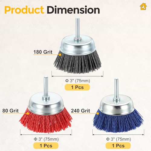 3pcs 3in Wire Brush for Drill Kit, 1/4in Shank, Nylon, 80-240 Grit