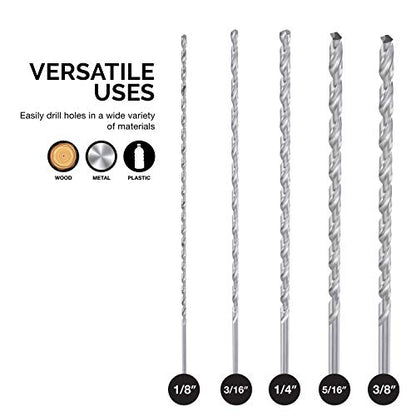 NEIKO 10047A Extra Long Drill Bit Set | 5-Piece | M2 HSS Steel | 12-Inch Length | 1/8, 3/16, 1/4, 5/16, and 3/8-Inch - size: 5 Piece, style: Extra Long