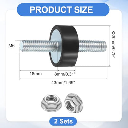 uxcell 2Pcs M6 x 18mm Rubber Mounts, 8 x 20mm Cylindrical Anti Vibration Isolator Studs Shock Absorber Double Studs with Nuts for Car Bobbin Generator Air Compressors - size: M6 x 18mm, 8 x 20mm