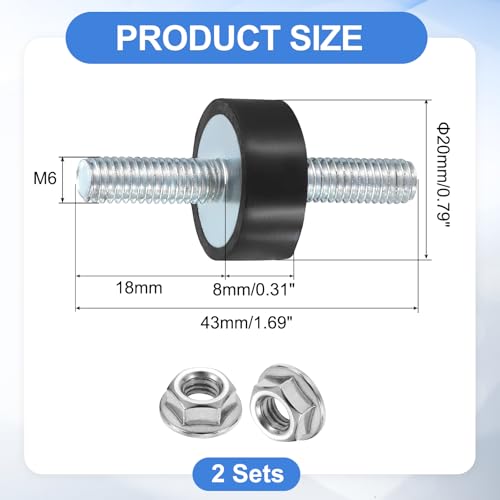 uxcell 2Pcs M6 x 18mm Rubber Mounts, 8 x 20mm Cylindrical Anti Vibration Isolator Studs Shock Absorber Double Studs with Nuts for Car Bobbin Generator Air Compressors - size: M6 x 18mm, 8 x 20mm