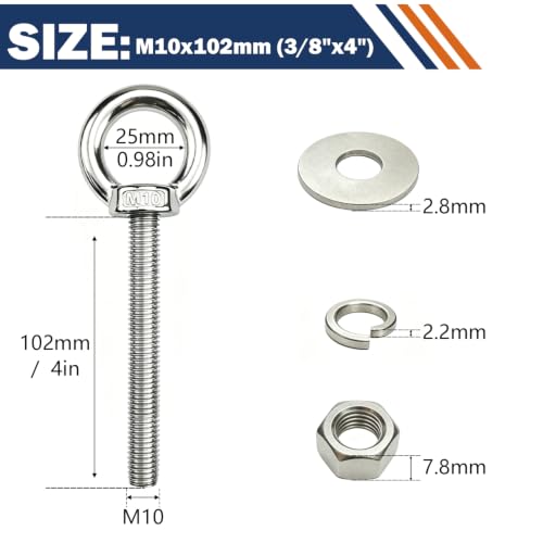 4 Pack M10 Stainless Steel Eye Bolts with Nuts, 3/8"x4" Long Lifting Ring Eye Bolt,Eye Bolts Heavy Duty for Hang Tie Down Outdoor (4, M10x102mm (3/8"x4")) - size: M10x102mm (3/8"x4")