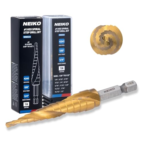 NEIKO 10602A Step Drill Bit, 13 Steps 1/8" to 1/2" Spiral High Speed Steel, Titanium Nitride Coated, 1/4" Quick Change Step Bits for Steel, Metal, Wood, Plastic, Unibit Cone Drill Bits, Two Flute - size: #1 (1/8 - 1/2", 13S), style: Spiral
