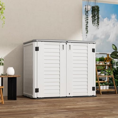 Mrosaa Outdoor Patio Storage Shed,Waterproof Horizontal Outdoor Storage Cabinet for Garbage Cans,Tools and Lawnmower Lockable(34 Cu.ft-Warm-White) - color: Ivory White-26Cu.ft