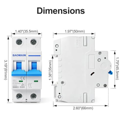 BAOMAIN 2P 20A C-Type MCB,TUV Certified 400VAC 10Kv for AC Home Circuits