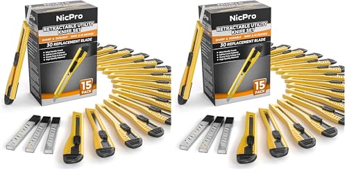 Nicpro 15 PCS Utility Knife Box Cutters Retractable Razor Knife 9mm with 30 PCS Extra Snap Off Blades for Lightweight Office, Home, Arts Crafts, Hobby (Pack of 2) - style: Ergonomic