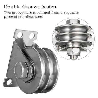 Double Groove Cable Fixed Pulley Block, Heavy Duty Stainless Steel, Bearing Inside, Good for Pulley Lifing System 1Pack