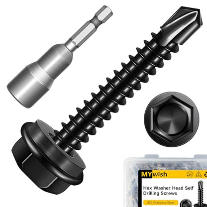 Mywish 50pcs #10 x 1-1/4" Self Drilling Screws for Metal, 410 Stainless Steel Hex Washer Head Self Drilling Screws, Black Oxided Self Tapping Sheet Metal Tek Screw Fast Tapping - size: #10x1-1/4"(50pcs)
