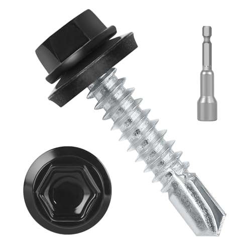 #10 x 1 (50 PCS) Black Metal Roofing Screws with Rubber Washer, Hex Head Self Tapping Screws for Metal, Self Drilling Sheet Metal Screw - size: #10 x 1"
