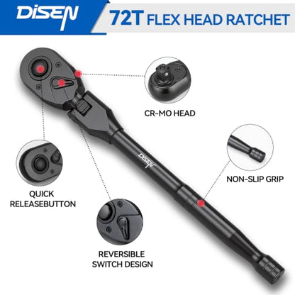 DISEN 3PCS Black Flex-Head Ratchet Set 1/2", 3/8", 1/4" Drive - size: 3PC Black Flex-Head Ratchet Set