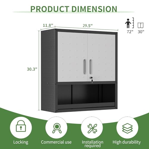 Garage Wall Cabinet with 2 Locking Doors Metal Storage Cabinet - color: Black/Gray, style: 2 doors wall cabinet