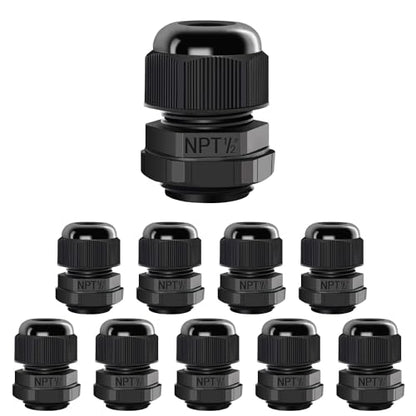 LeMotech 10 Pack NPT 1/2" Cable Glands Waterproof Adjustable 6-12mm Cable Connectors Black Nylon Joints with Gaskets - color: Black, size: 1/2inch 10-pack