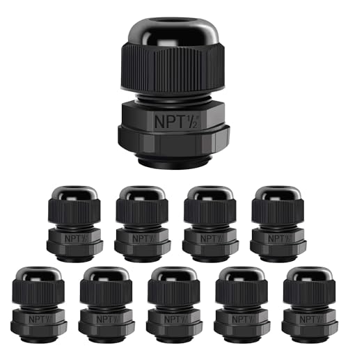 LeMotech 10 Pack NPT 1/2" Cable Glands Waterproof Adjustable 6-12mm Cable Connectors Black Nylon Joints with Gaskets - color: Black, size: 1/2inch 10-pack