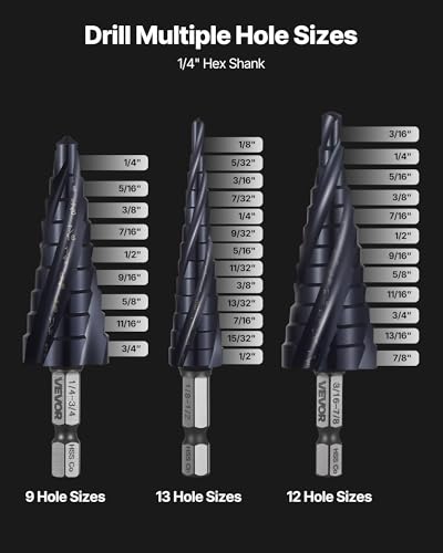 VEVOR Step Drill Bit Set, 1/8-7/8 inch, 3 Pieces Step Drill Bits, 1/4 inch Hex Shank, TiAlN Coating Cobalt HSS High Speed Steel, for Metal, Stainless Steel, Aluminum, Wood, Plastic, Fiberglass - size: 1/8-7/8" (3-Piece Set)