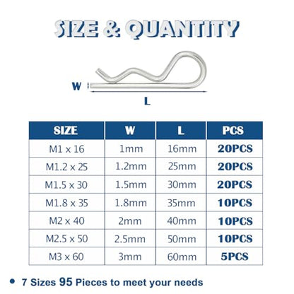 95PCS 7 Sizes Stainless Steel Hitch Pin Clip Assortment Kit R Shaped Cotter Pins Fastener Clips OLA031 - size: 95 pcs Assortment (7 Sizes)