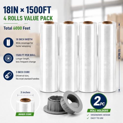 Stretch Wrap Film 18 Inch 1500 FT, 4 Pack, 80 Gauge Shrink Wrap - size: 18IN-Clear-4 Rolls
