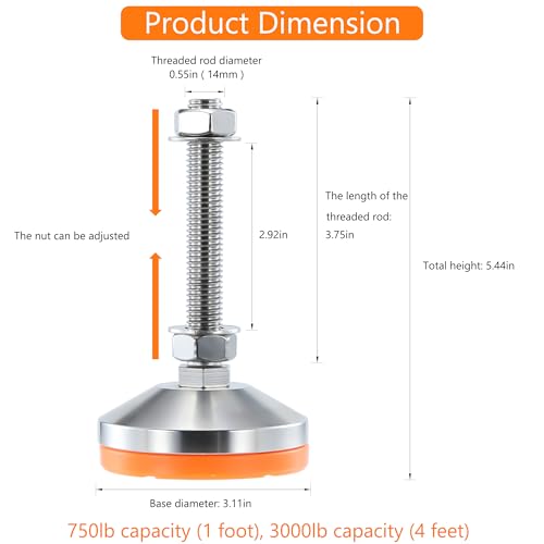 Heavy Duty 3000 lb Capacity Stainless Steel Adjustable Leveling Feet for Shelving,Machinery Devices, Workbench,Furniture,M14 Thread, 3.11inches Dia Base, Anti-Slip Nylon Pad - color: Orange, size: B3.11in x M14 x H3.94in