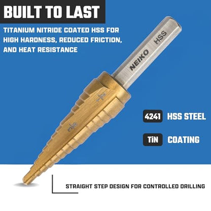 NEIKO 10614A Step Drill Bit, 2 Steps 3/8" to 1/2" Straight High Speed Steel, Titanium Nitride Coated, 1/4" Tri Flat Step Bits for Steel, Metal, Wood, Plastic, Unibit Cone Drill Bits, Two Flute - size: #6 (3/8 - 1/2", 2S), style: Straight