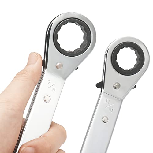 11/16-7/8 Inch Reversible Universal Ratcheting Wrench,Imperial Double Offset Box End， Matte Chrome Plated Cr-V Steel， Heavy-Duty，72 Tooth Ratchet Spanner Crooked for Narrow Spaces - size: 11/16-7/8"