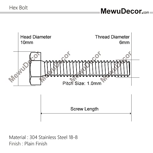 M6-1.0 x 16mm Hex Head Bolts Hexagon Screws, 304 Stainless Steel 18-8, Plain Finish, Fully Threaded, 25 PCS - size: M6 x 16mm
