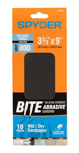 Spyder 10-Sheets Silicon Carbide 800 Grit Sandpaper, 9 x 3-2/3 Inch, Wet Dry Abrasive for Metal, Plastic, Automotive, Stone, and More (500024) - style: 800 Grit