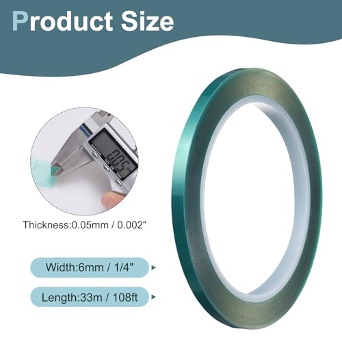 3 Rolls High Temperature Masking Tape 1/4" x216ft(6mmx33m) 0.05mm Thick PET Film Silicone Adhesive Heat Resistant Tapes for Heat Press Anodizing Circuit Board, Green