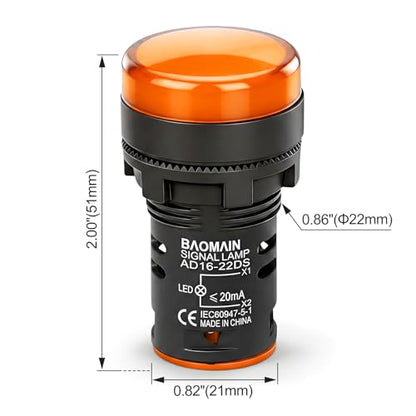 BAOMAIN 22mm LED Industrial Indicator Light,220V AC Pilot Signal Lamp for Industrial Machinery Control Circuits,7/8" Panel Mount, Screw Terminal,Yellow,5-Pack - color: Yellow