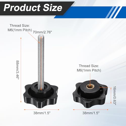 HARFINGTON Star Knobs M6 x 70mm Male + M6 Female Thread 38mm Head 2 Set - size: M6 x 70mm + M6 x 38mm