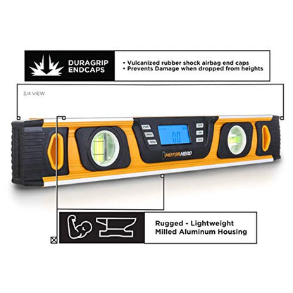 MOTORHEAD 16-Inch 0° - 180° SMART DIGITAL Level, LCD Screen, Audible Alerts, Water, Dust & Shock Resistant, Magnetic Bottom, Includes Bag, High-Visibility, Solid-Milled Aluminum, USA-Based Support - size: 16"