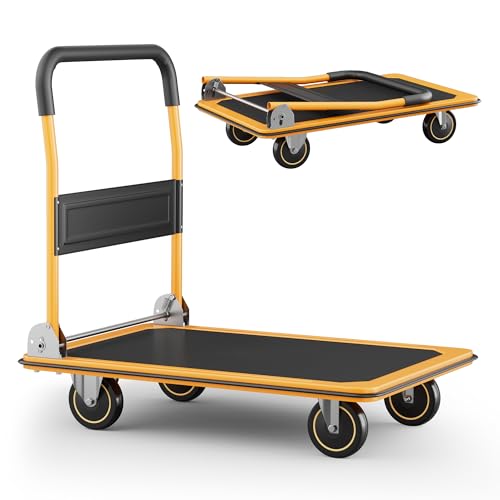 Foldable Push Cart Dolly | 330 lbs. Capacity | Heavy Duty Moving Platform Hand Truck with Swivel Wheels | Small Flatbed Cart | Space Saving Push Handle-Yellow - color: Yellow-330 Lbs. Capacity