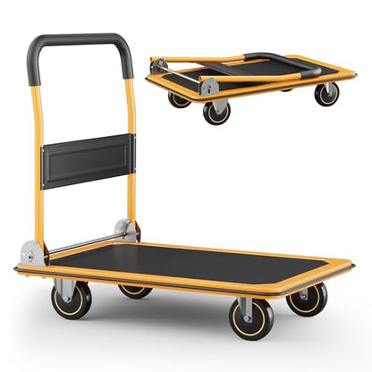 Foldable Push Cart Dolly | 330 lbs. Capacity | Heavy Duty Moving Platform Hand Truck with Swivel Wheels | Small Flatbed Cart | Space Saving Push Handle-Yellow - color: Yellow-330 Lbs. Capacity