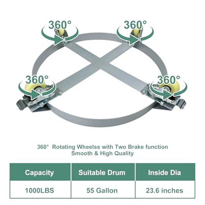 55 Gallon Drum Dolly, 1000lbs Load Capacity 55 Gallon Barrel Dolly Cart Drum Caddy with 4 Swivel Casters Wheel, Non Tipping Hand Truck Capacity Dollies for Warehouse Drum Handling (Silver Gray) - size: 55 Gallon 4 Wheels