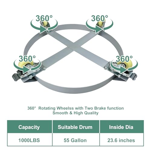 55 Gallon Drum Dolly, 1000lbs Load Capacity 55 Gallon Barrel Dolly Cart Drum Caddy with 4 Swivel Casters Wheel, Non Tipping Hand Truck Capacity Dollies for Warehouse Drum Handling (Silver Gray) - size: 55 Gallon 4 Wheels